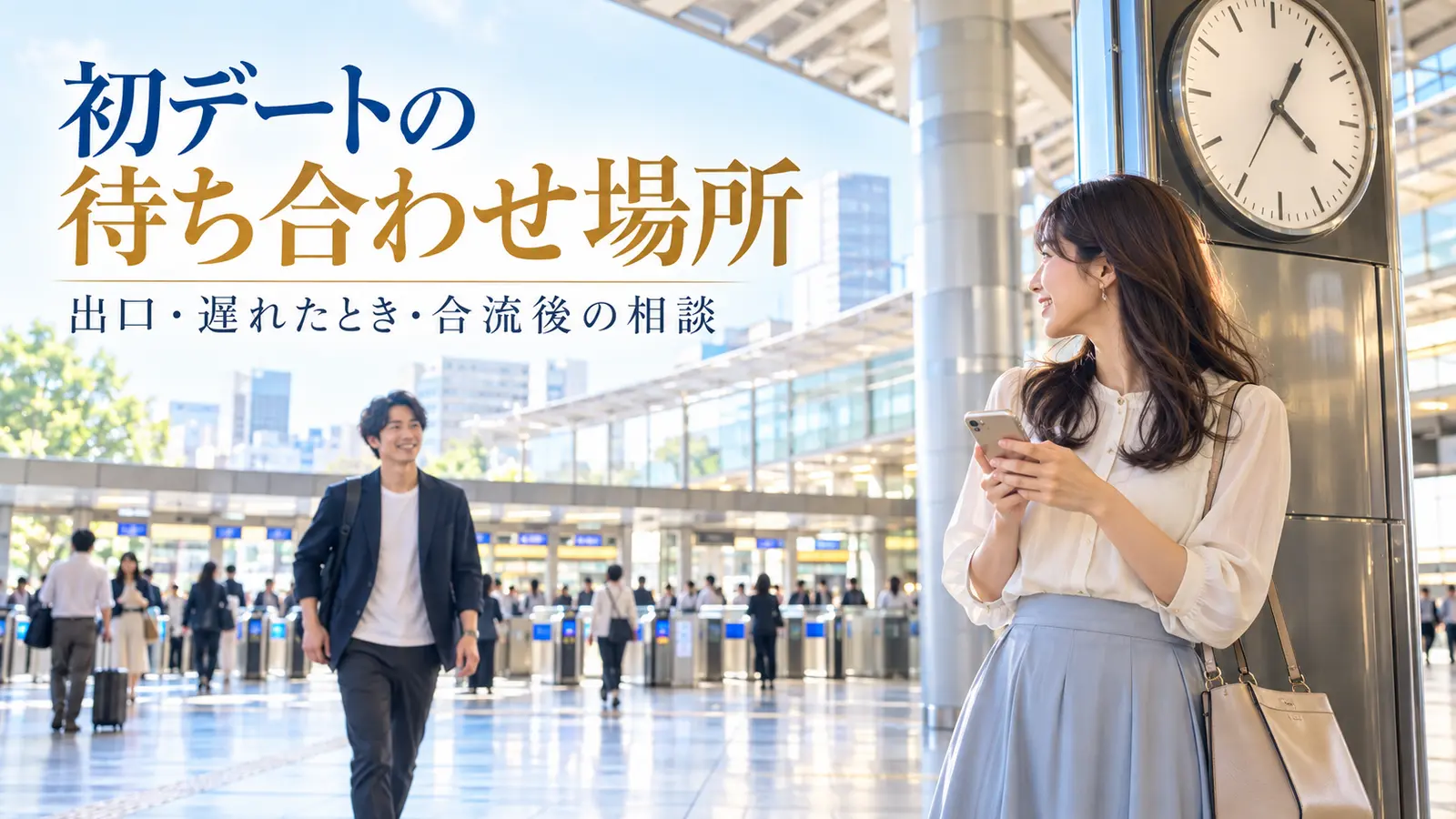 明るい駅の入り口でスマートフォンを確認しながら待ち合わせる男女