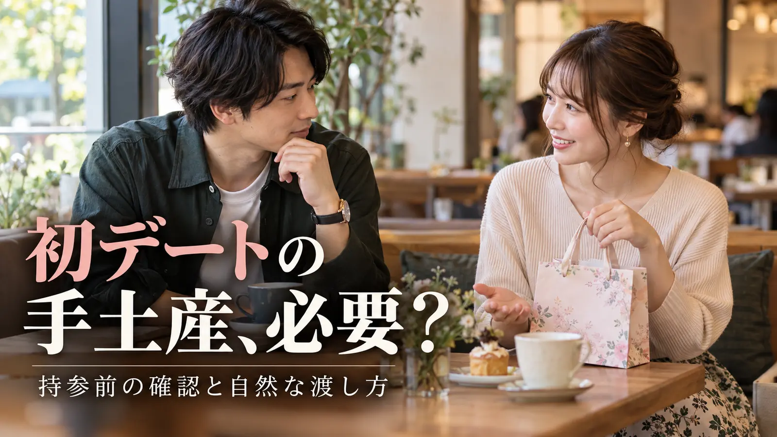 初デートのカフェで控えめな紙袋の手土産について確認する男女