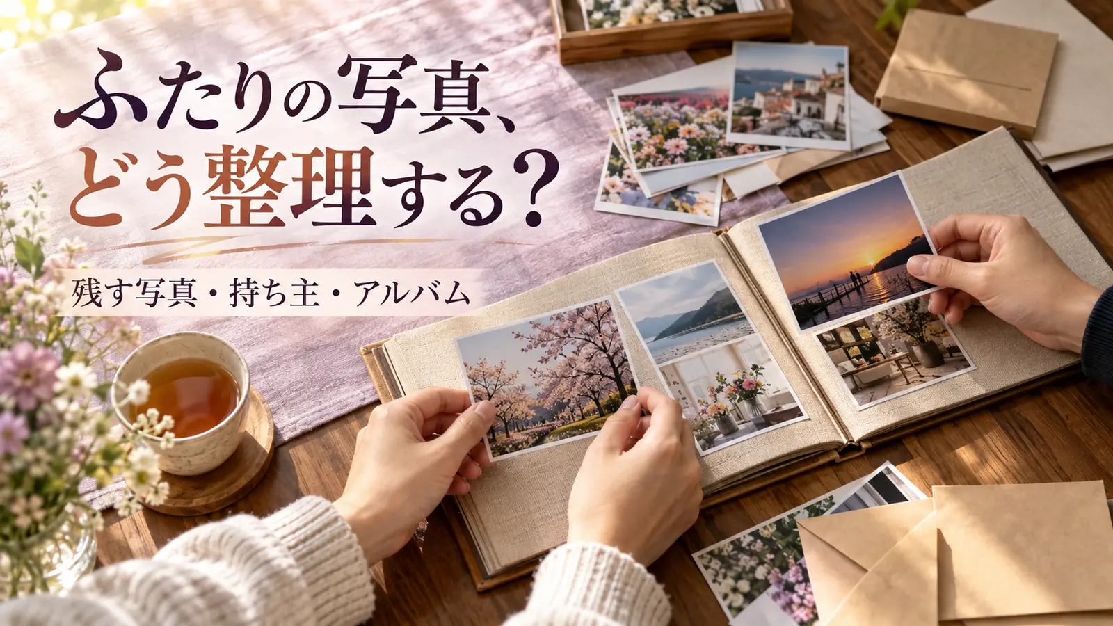 テーブルの上に広げた写真を二人で選びアルバムに整理する様子
