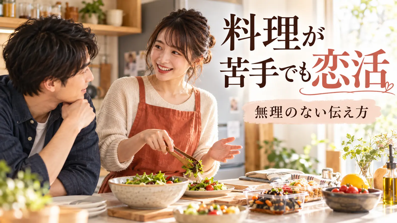 自宅キッチンで簡単な料理を囲んで家事への期待を話す男女