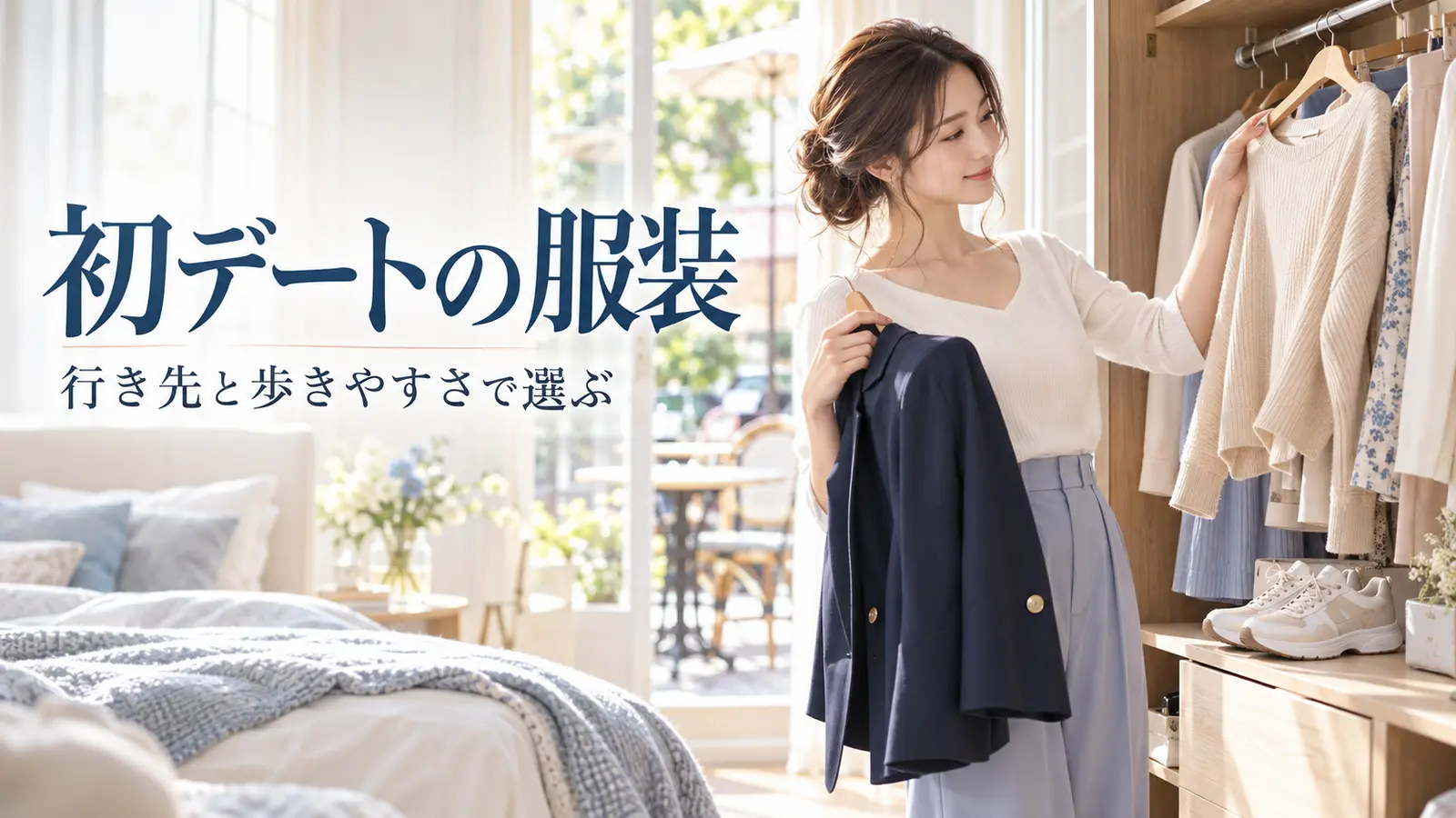 クローゼットの前で初デートに着る服と歩きやすい靴を選ぶ女性