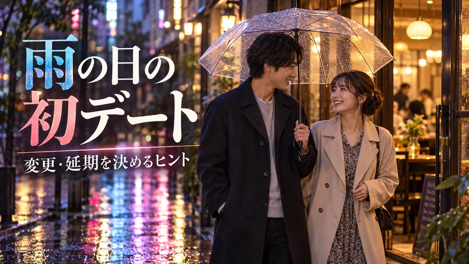 雨の中で傘を差しながらカフェへの移動を相談するカップル