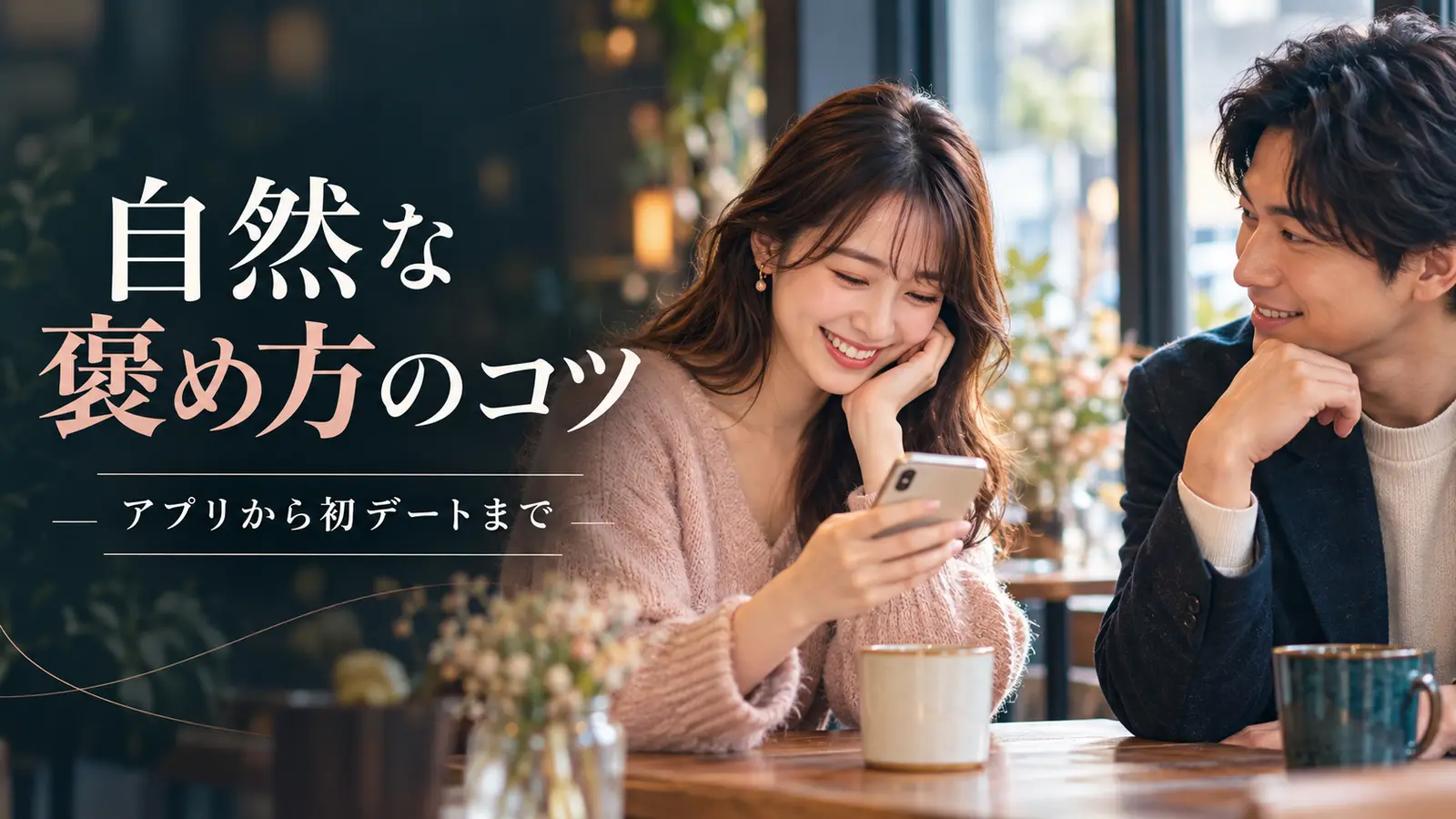 マッチングアプリや初デートで自然に褒める場面を描いたカフェの男女