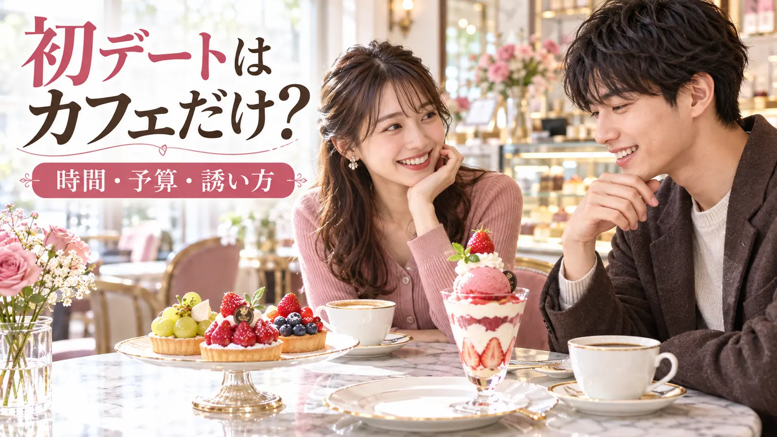 初デートでカフェのスイーツとコーヒーを楽しむカップル