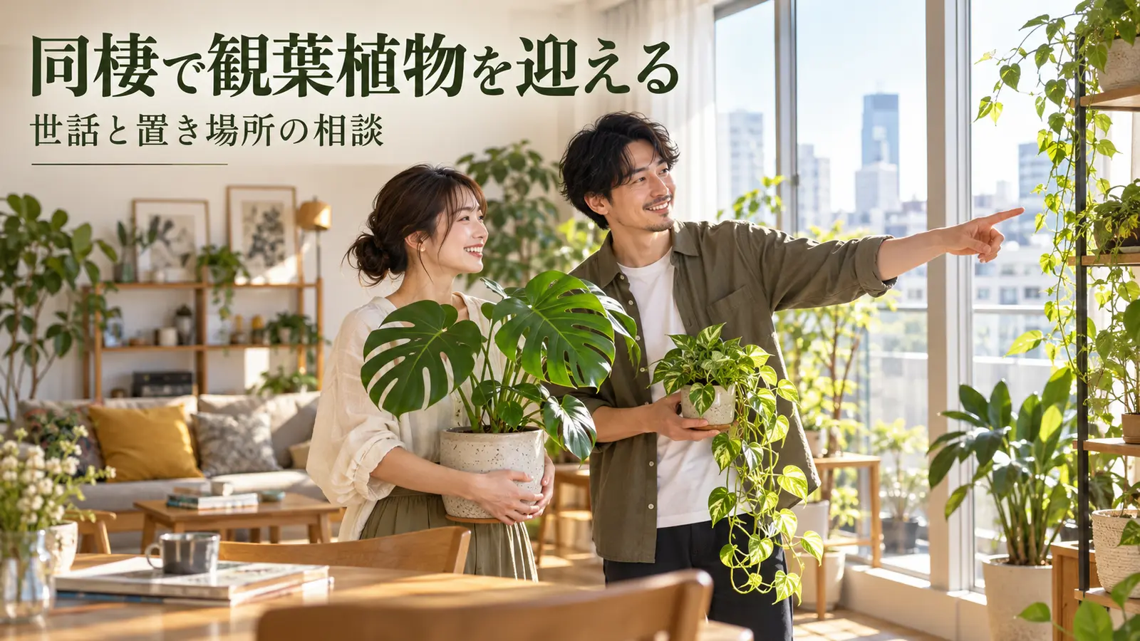 同棲中のカップルが窓際の観葉植物と世話の担当を話し合う様子