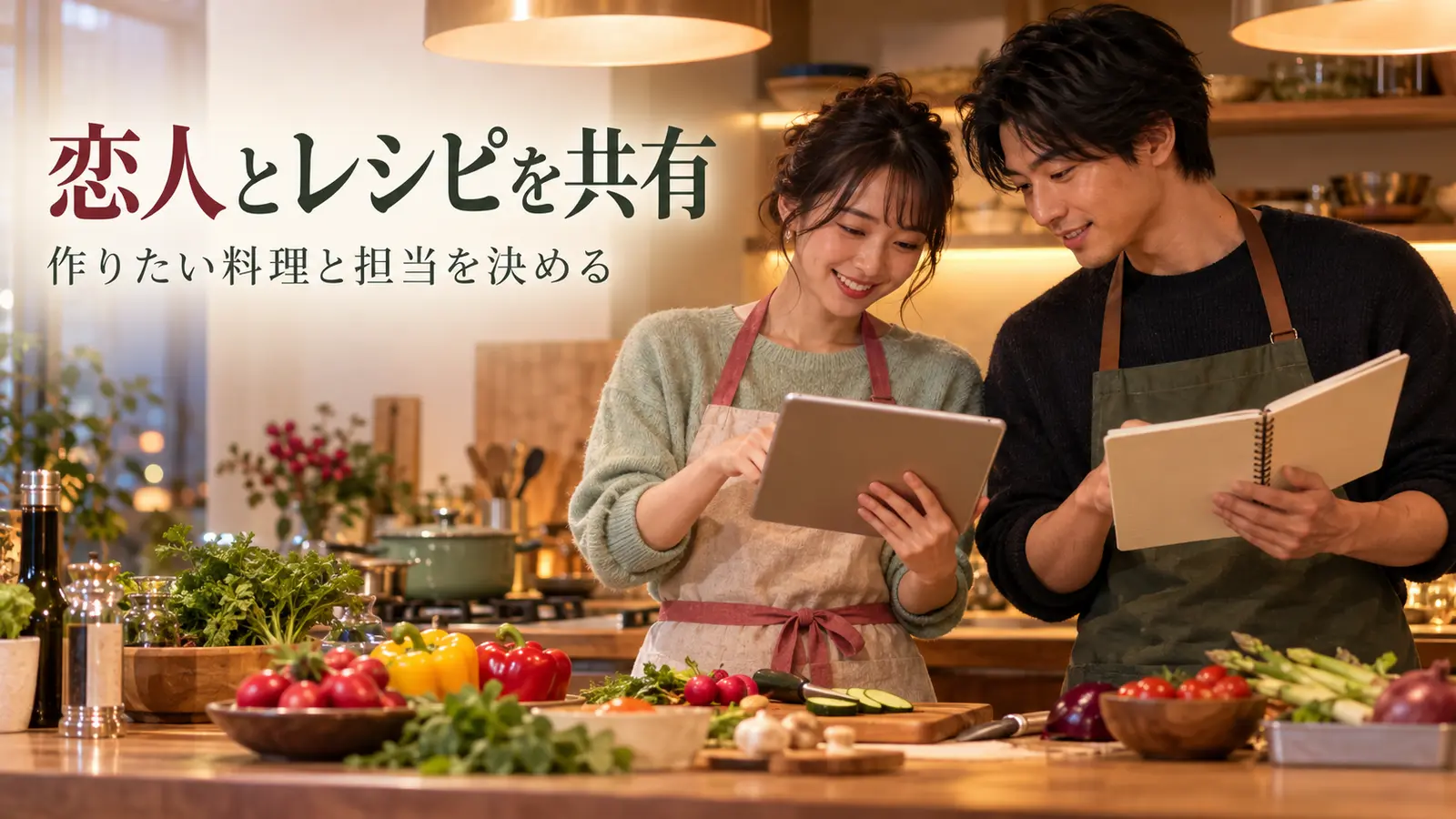 キッチンでレシピ帳を見ながら共同で料理する恋人たち