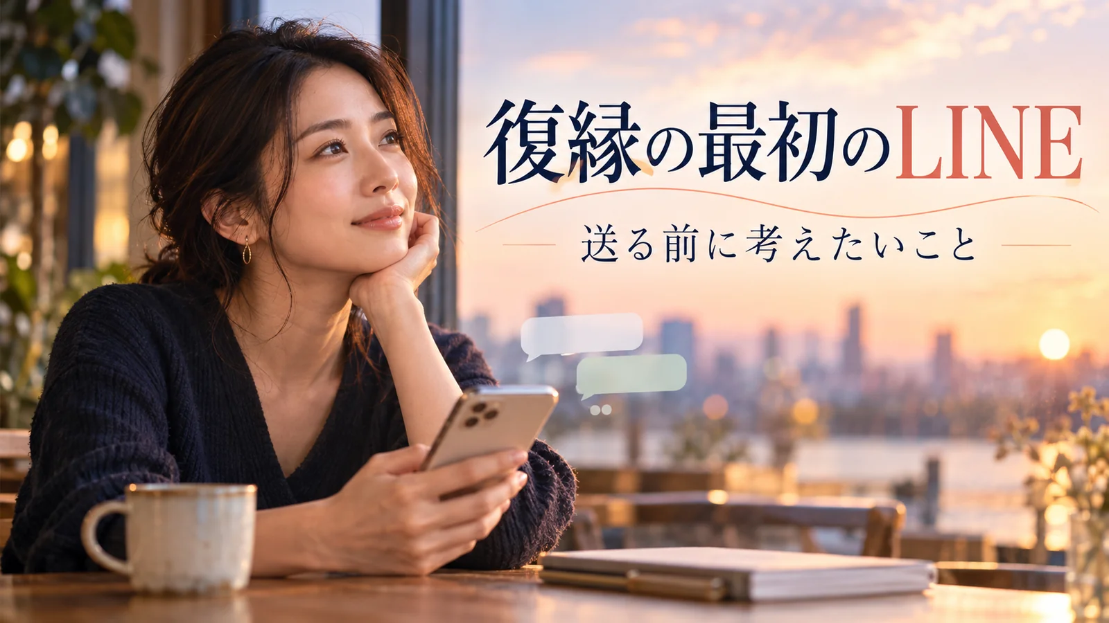 スマートフォンを持ちながら元恋人への最初の連絡を考える女性