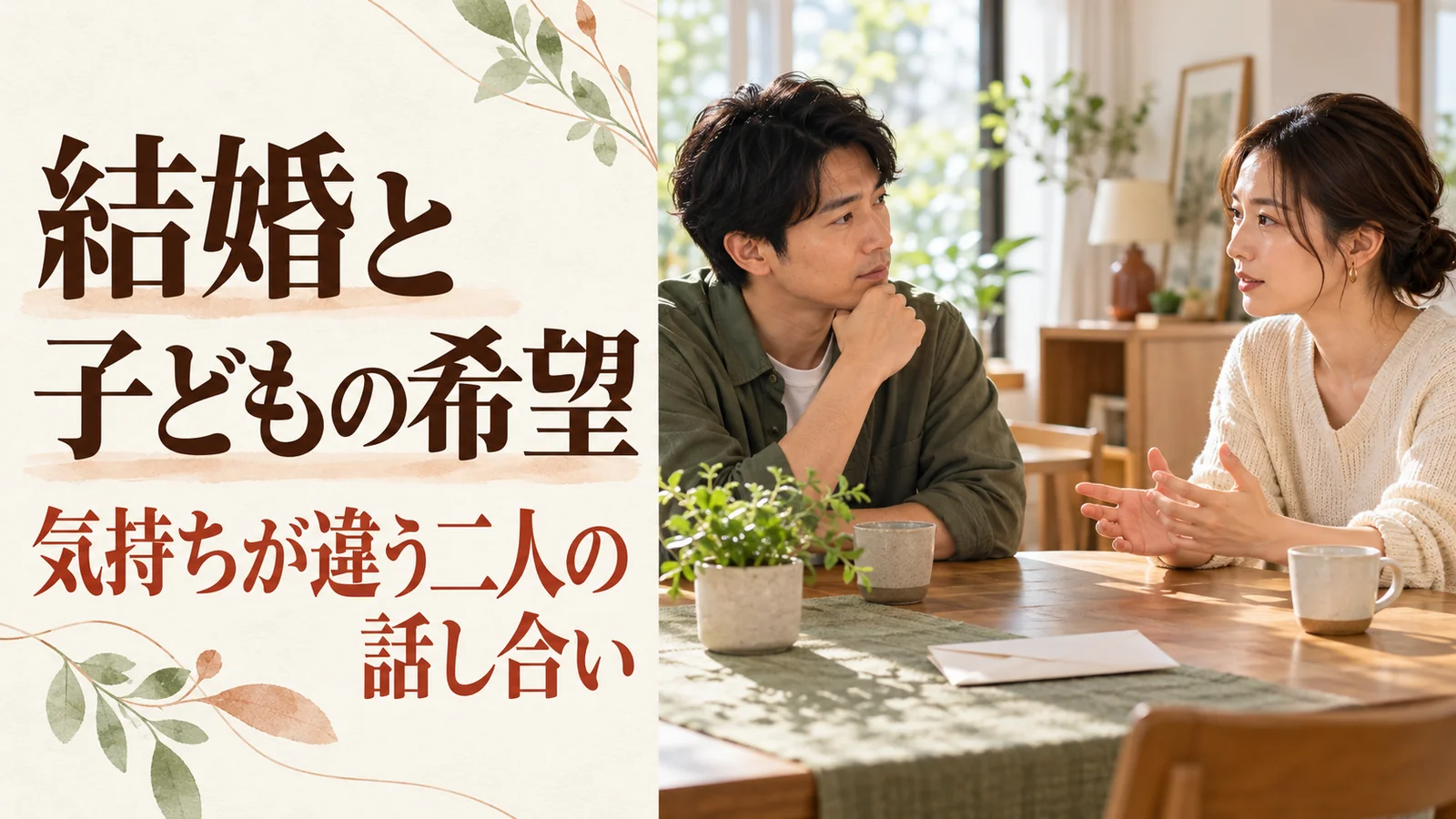 将来の子どもについて希望が異なる恋人同士がテーブルで向き合って話す
