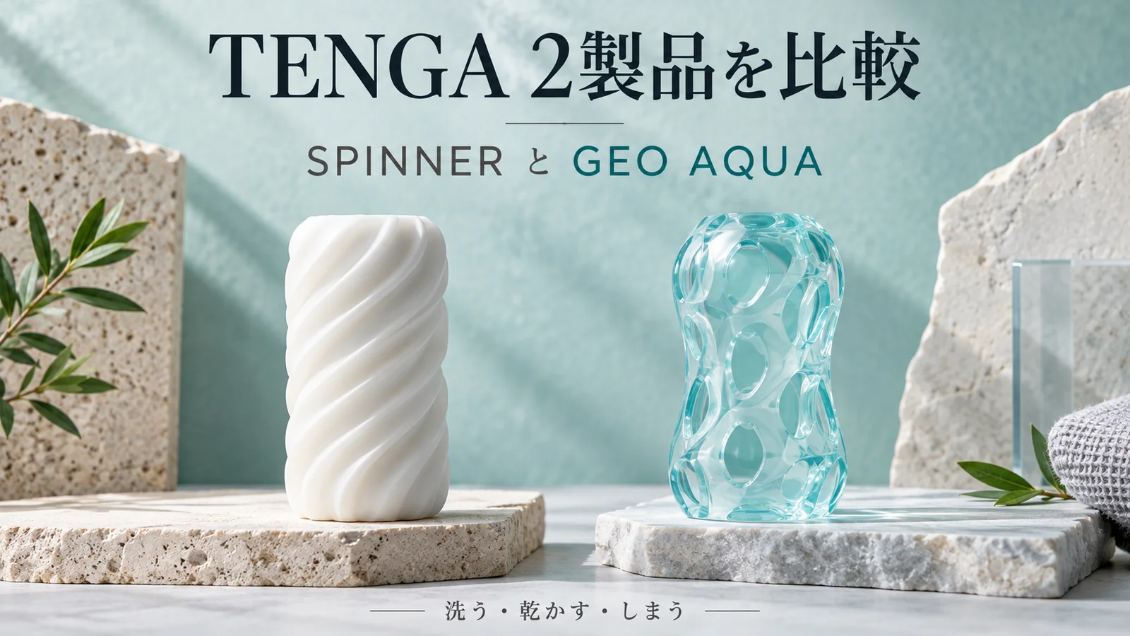 SPINNERとGEO AQUAの使用後の手入れを比較するために二種類のケア用品を概念的に描いた静物写真