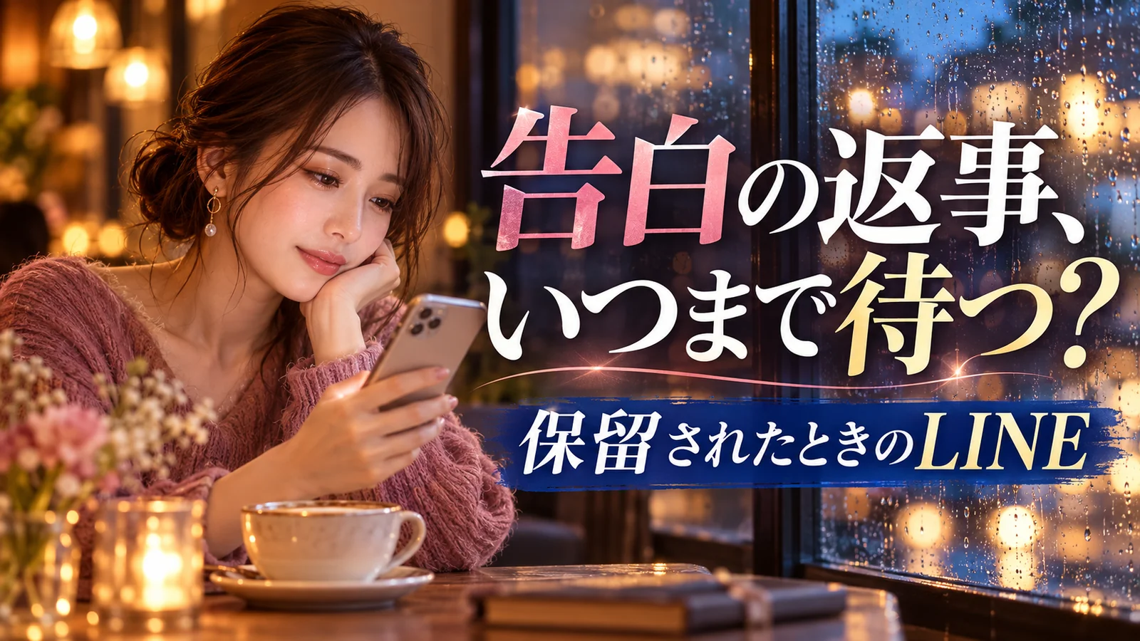 カフェで告白の返事を待ちながら連絡のタイミングを考える成人女性