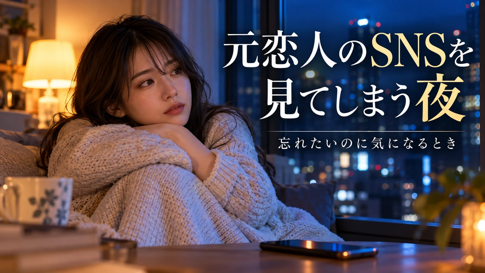 夜の窓辺で元恋人のSNSを見てしまう気持ちを整理する女性