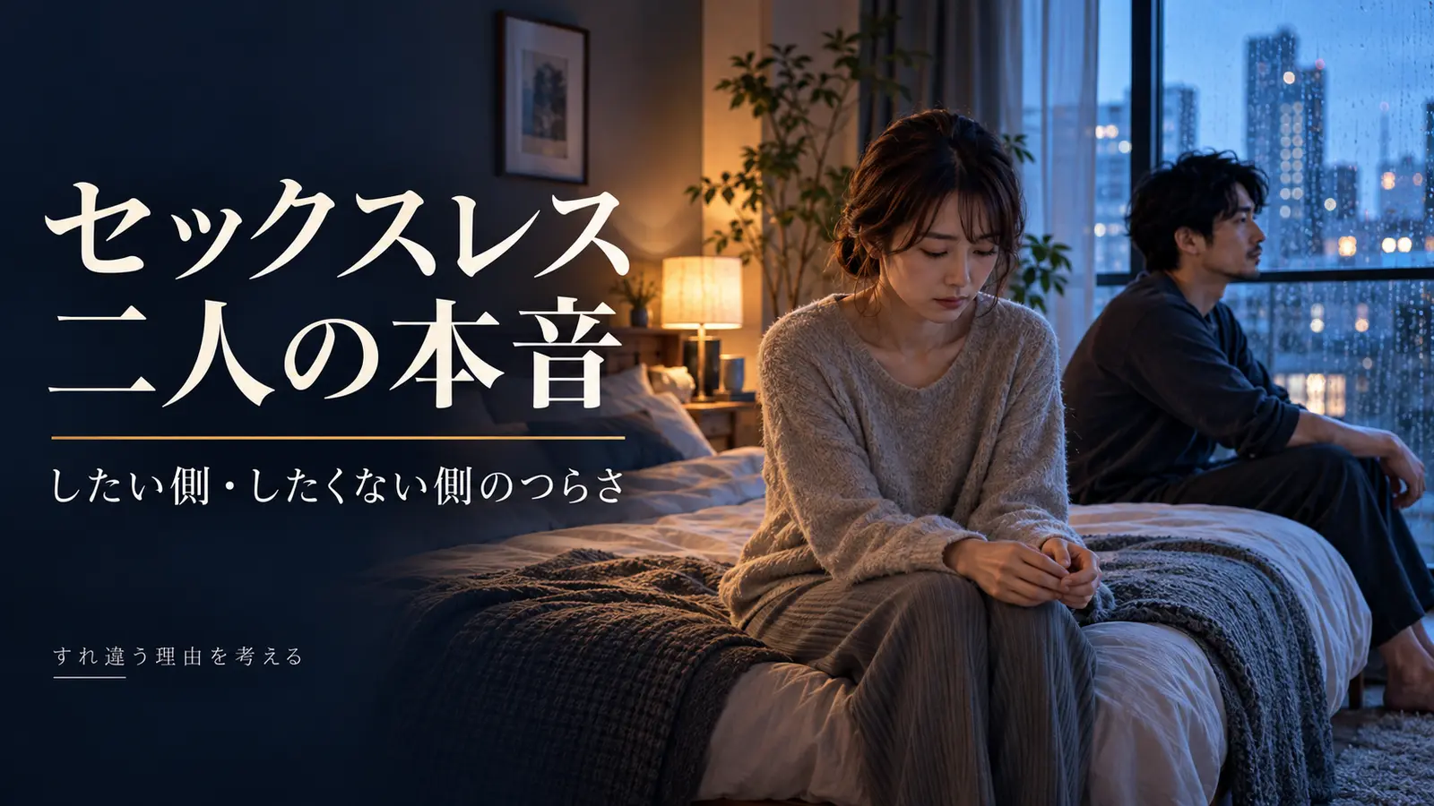服を着た成人カップルが雨の夜の寝室で離れて座りセックスレスのすれ違いについて考える場面