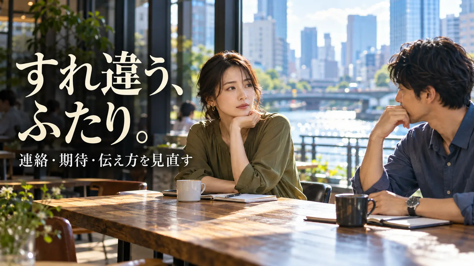 明るい川沿いのカフェで向かい合いながら気持ちを整理するカップル