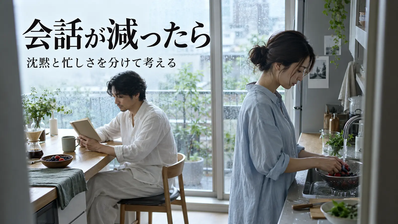 雨の朝、キッチンで過ごすパートナーと読書をする恋人