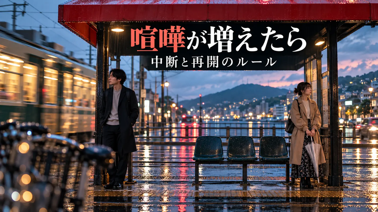 雨の停留所で少し離れて立つカップル