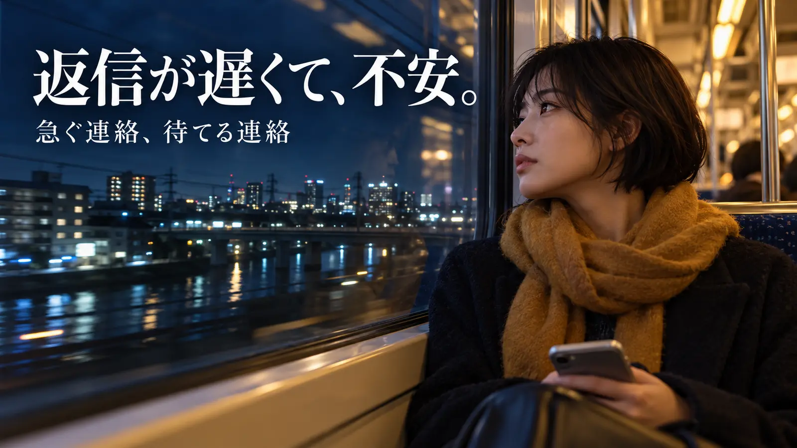 夜の電車でスマートフォンを持ち、車窓を見つめる女性