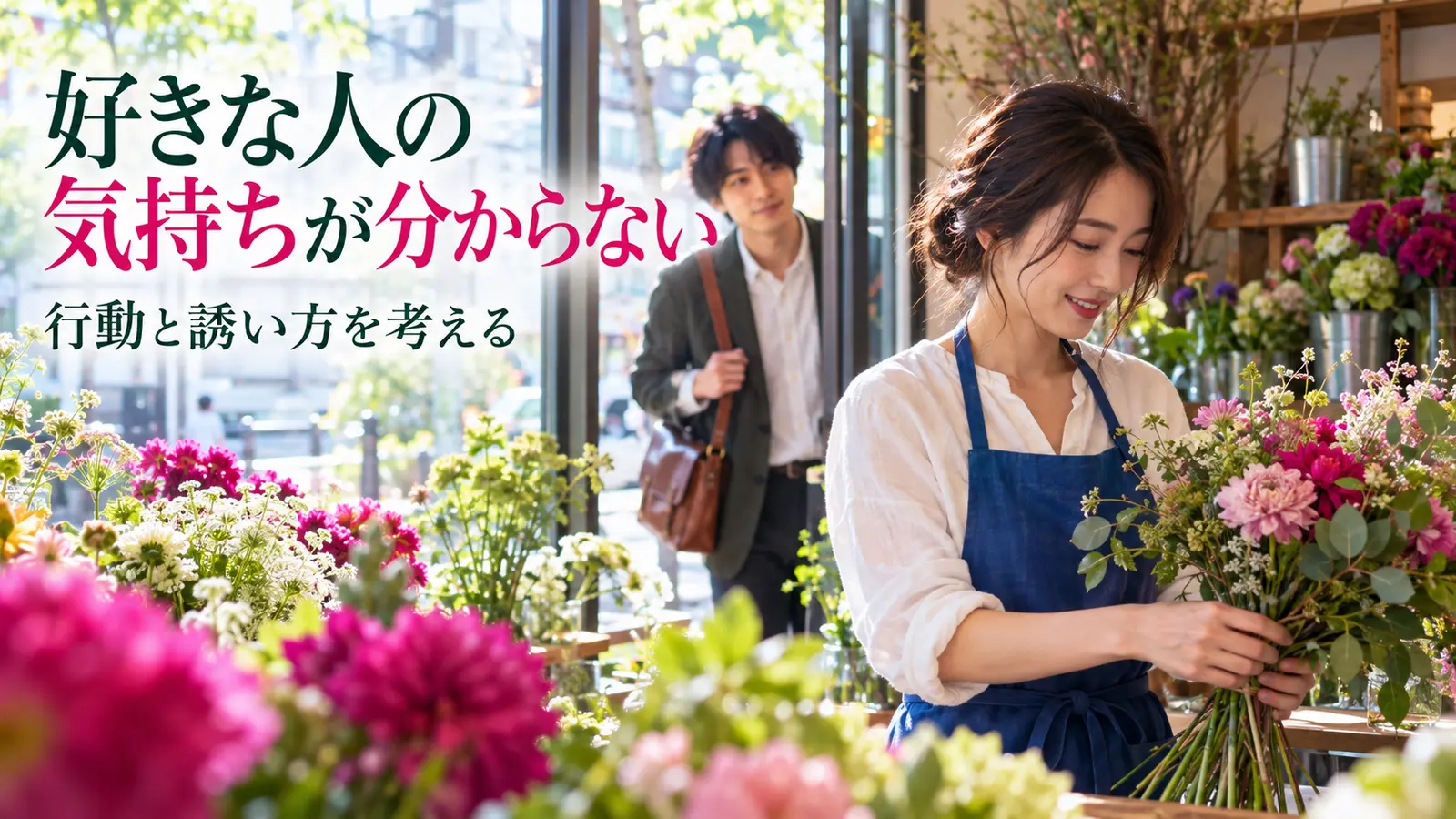 花屋で花束を作る女性と店内を訪ねる男性
