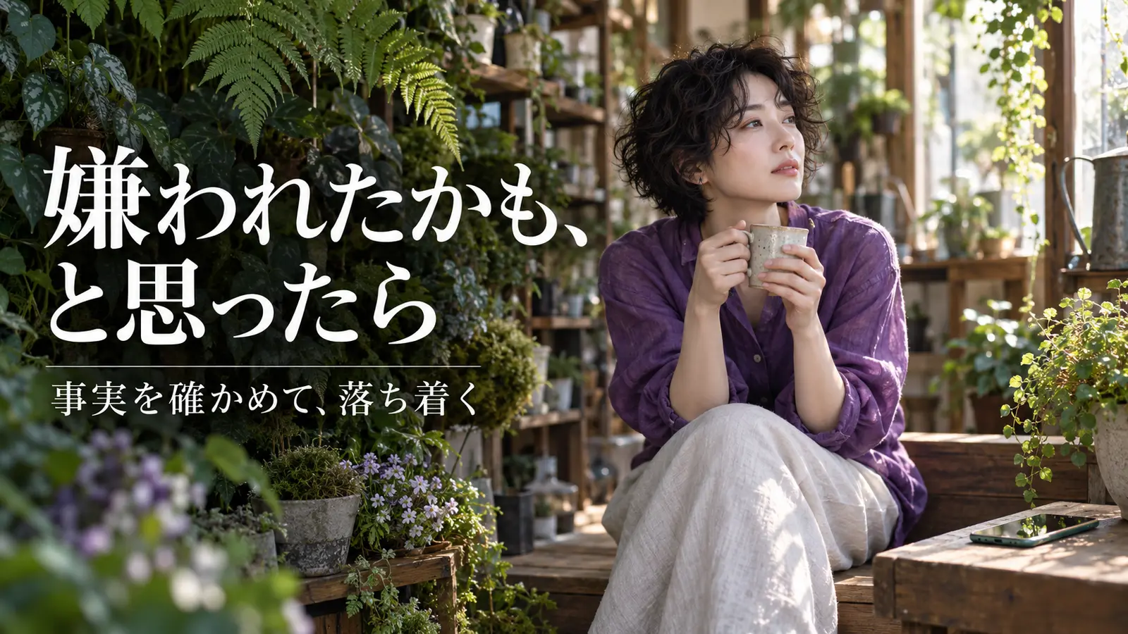 緑に囲まれた植物店でマグカップを持って考える女性