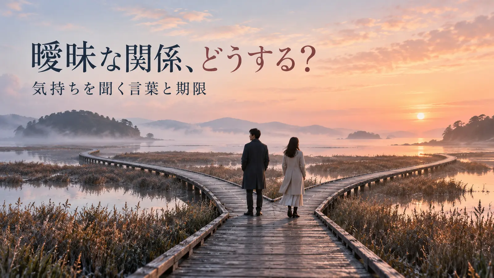 朝焼けの湿地で二股に分かれる木道に立つ二人
