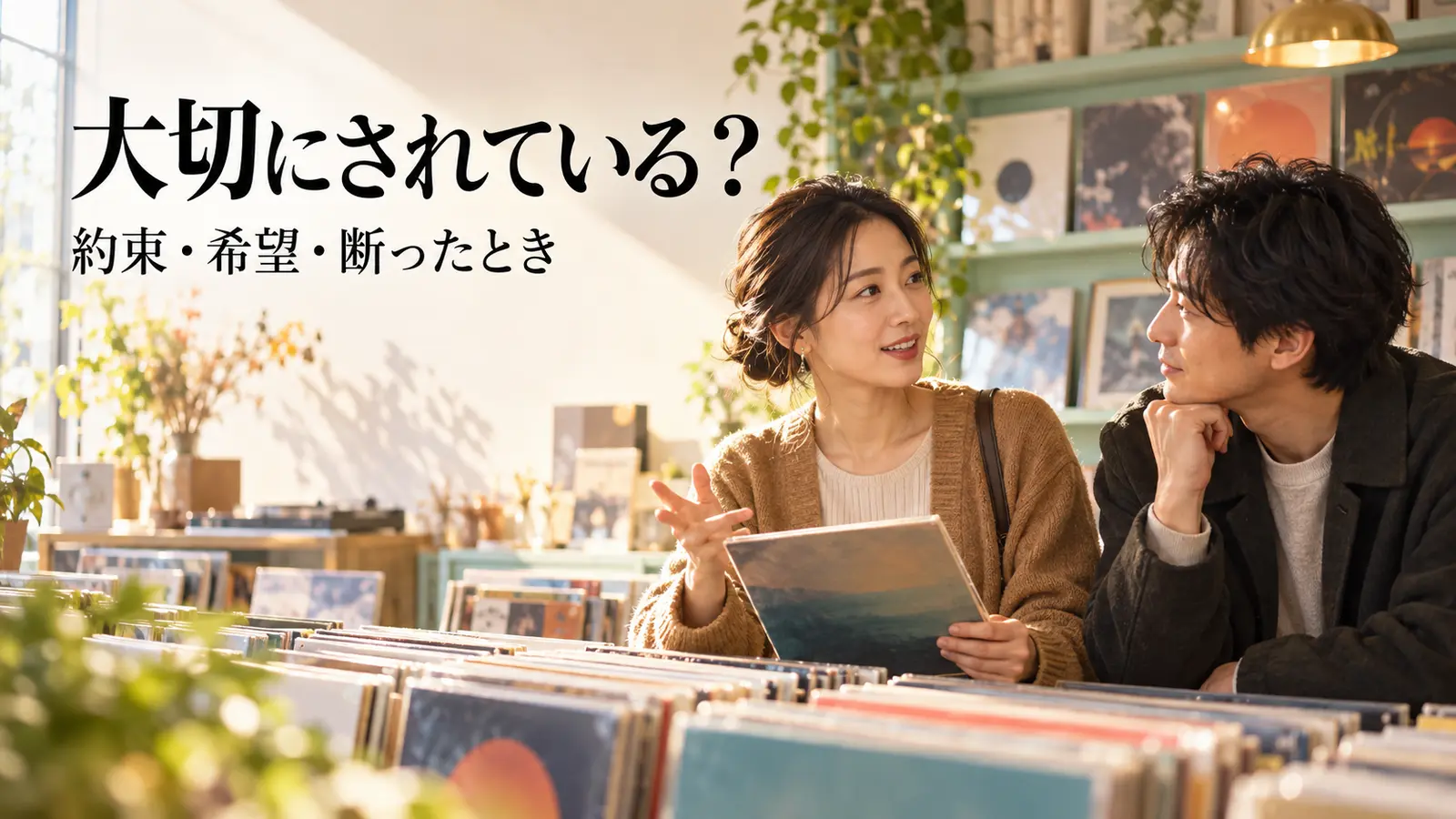 レコード店で自分の考えを話す女性と真剣に耳を傾ける男性