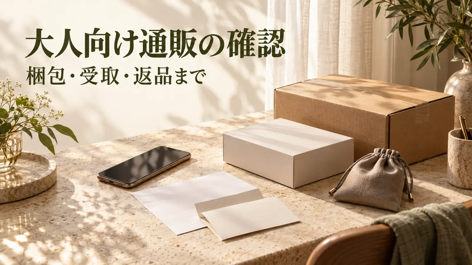 無地の段ボール箱と小箱、用紙、布製ポーチが置かれた机