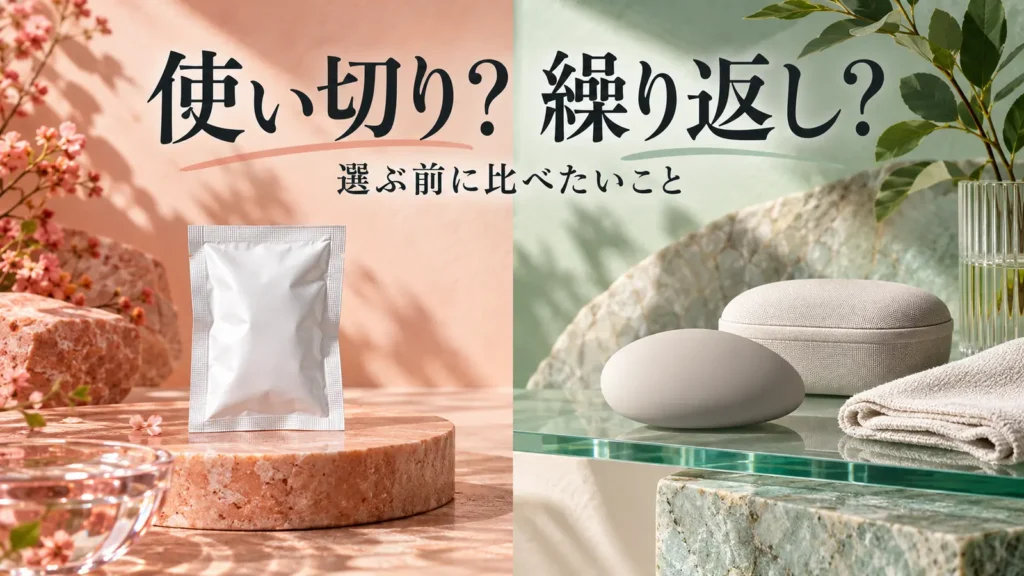 使い切りタイプを想起させる個包装と繰り返し使う小物のケースを左右に配置した比較画像