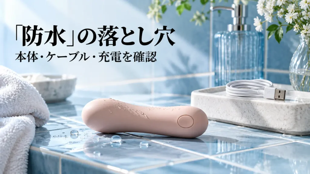 水滴がある青いタイル上の電動小物と、離れた乾いた皿に置かれたUSBケーブル