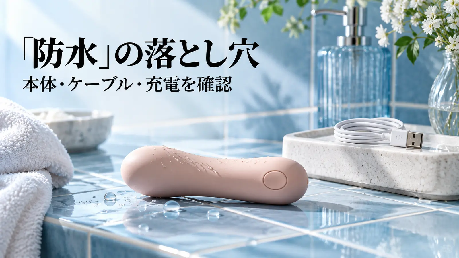 水滴がある青いタイル上の電動小物と、離れた乾いた皿に置かれたUSBケーブル