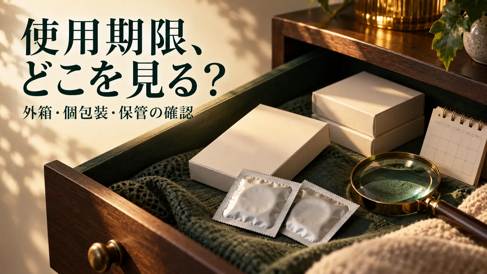 箱と個包装のコンドームを引き出しに並べ、拡大鏡を添えた使用期限確認のイメージ