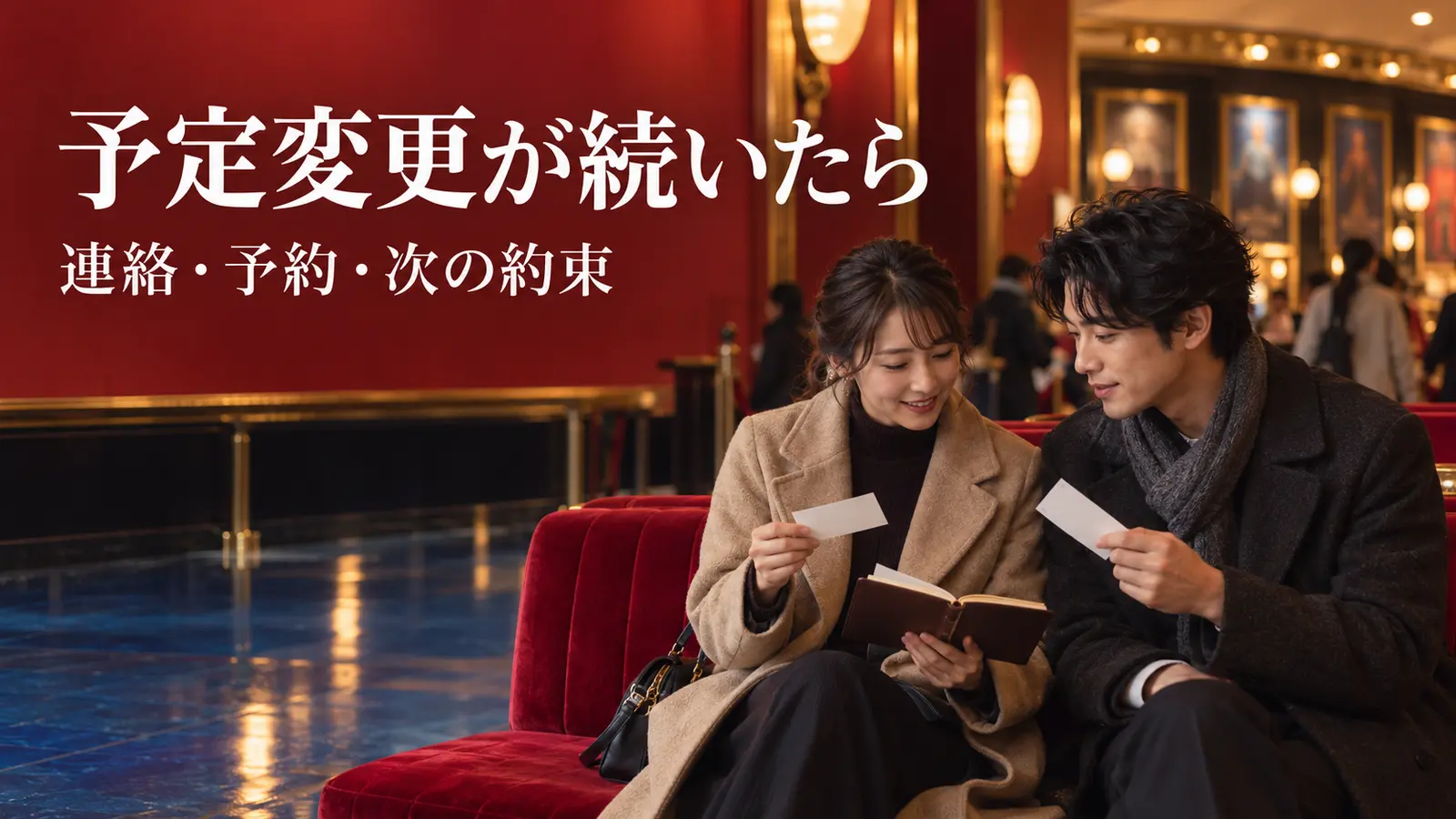 映画館の赤い椅子に座り、チケットと手帳を見ながら予定を相談する恋人