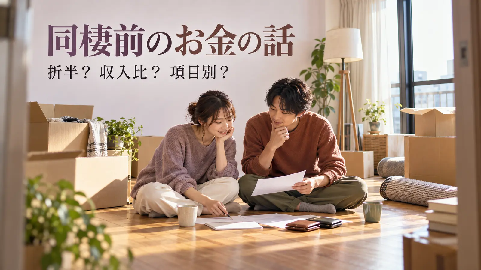 段ボール箱を置いた新居の床に座り、生活費の紙を確認するカップル