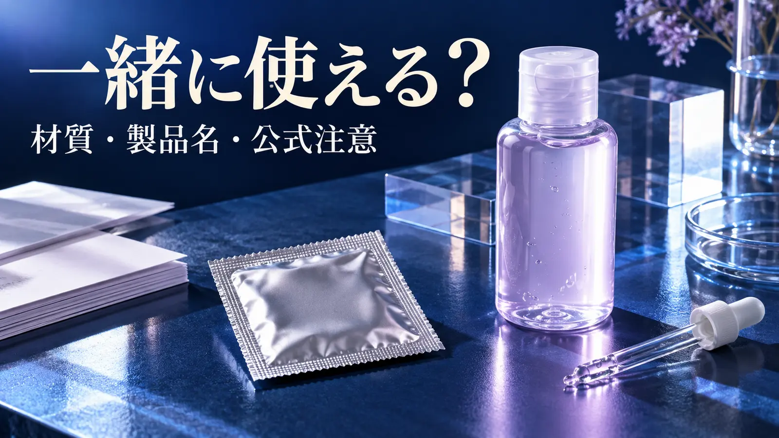青い台に別々に配置された無地の潤滑剤ボトルとコンドームの個包装