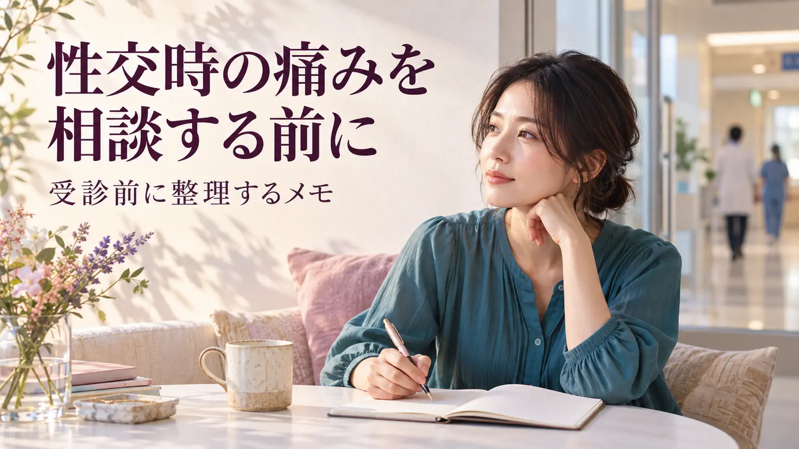 医療機関の明るい待合スペースでノートを開いて相談内容を考える女性
