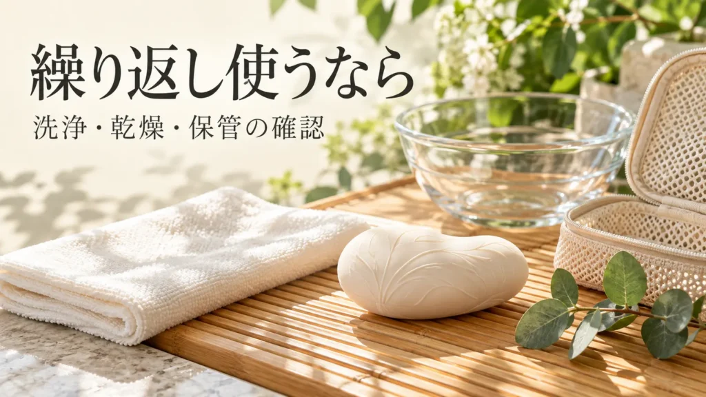 無地の繰り返し使用する小物とタオル、ボウル、収納ケースを並べたお手入れのイメージ