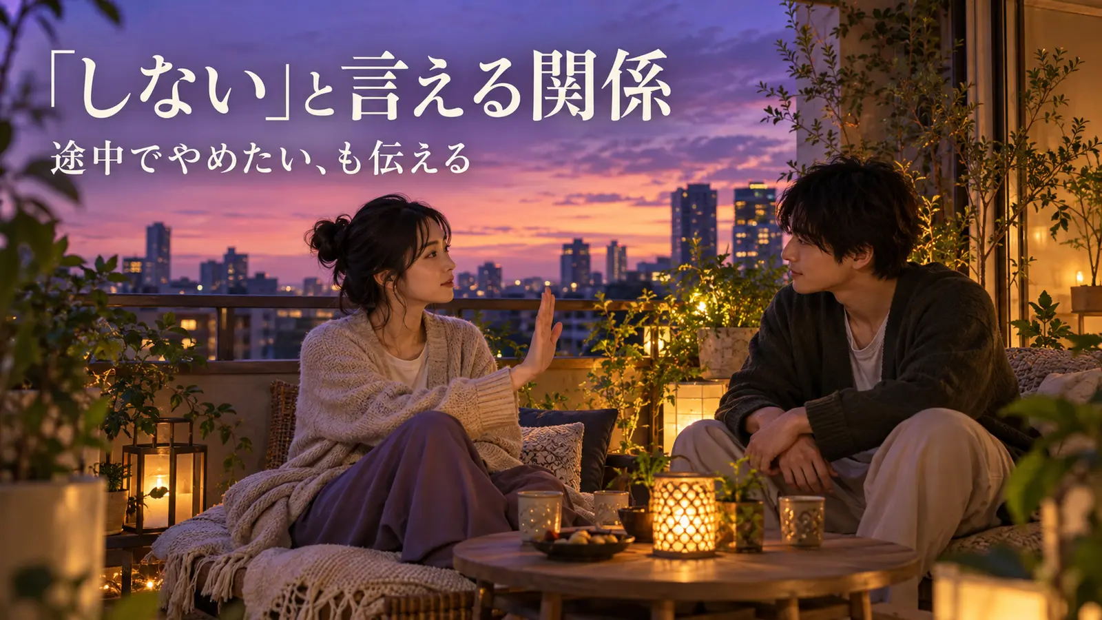 夕暮れのバルコニーで手のひらを示して意思を伝える女性と落ち着いて聴く男性