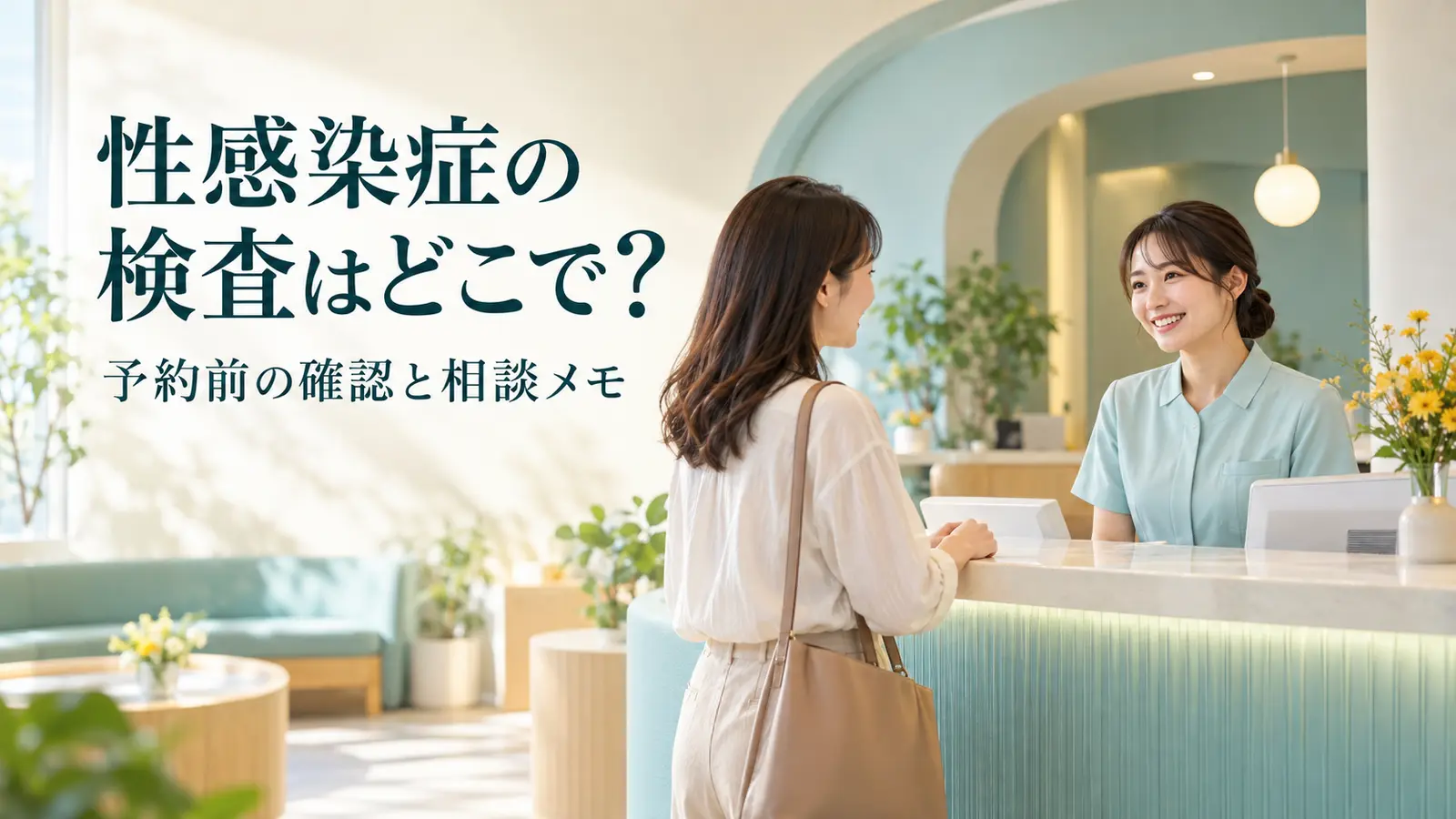 明るい医療機関の受付でスタッフに相談する女性のイメージ