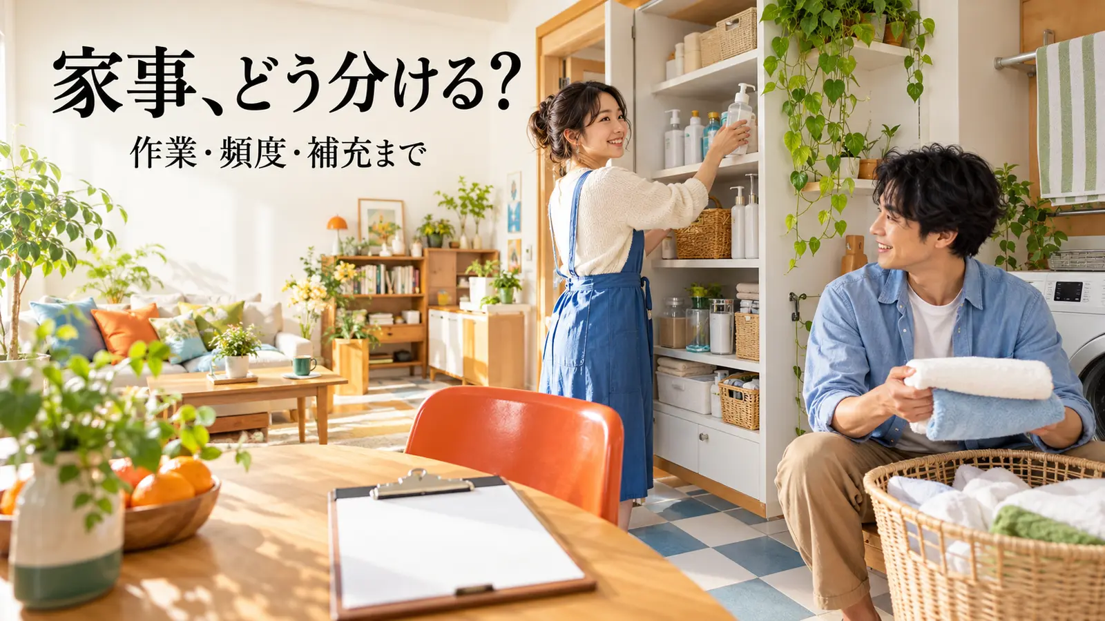家庭用品を棚に補充する女性と洗濯物をたたむ男性が一緒に家事をしている様子