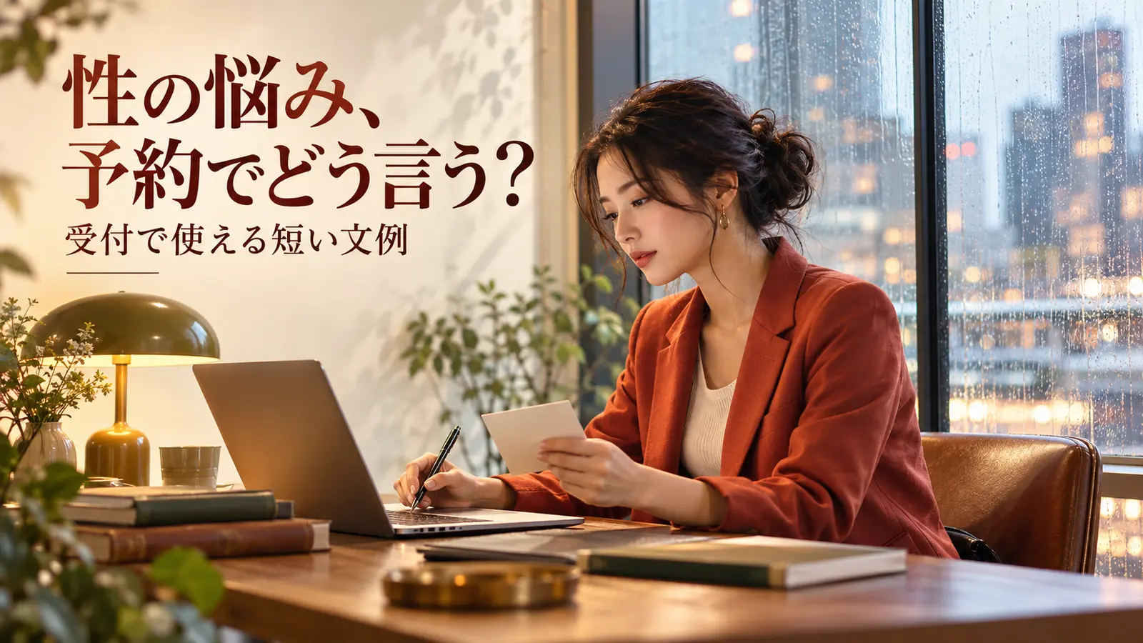 雨の日にノートとパソコンを広げ、医療機関に相談する文面を考える女性