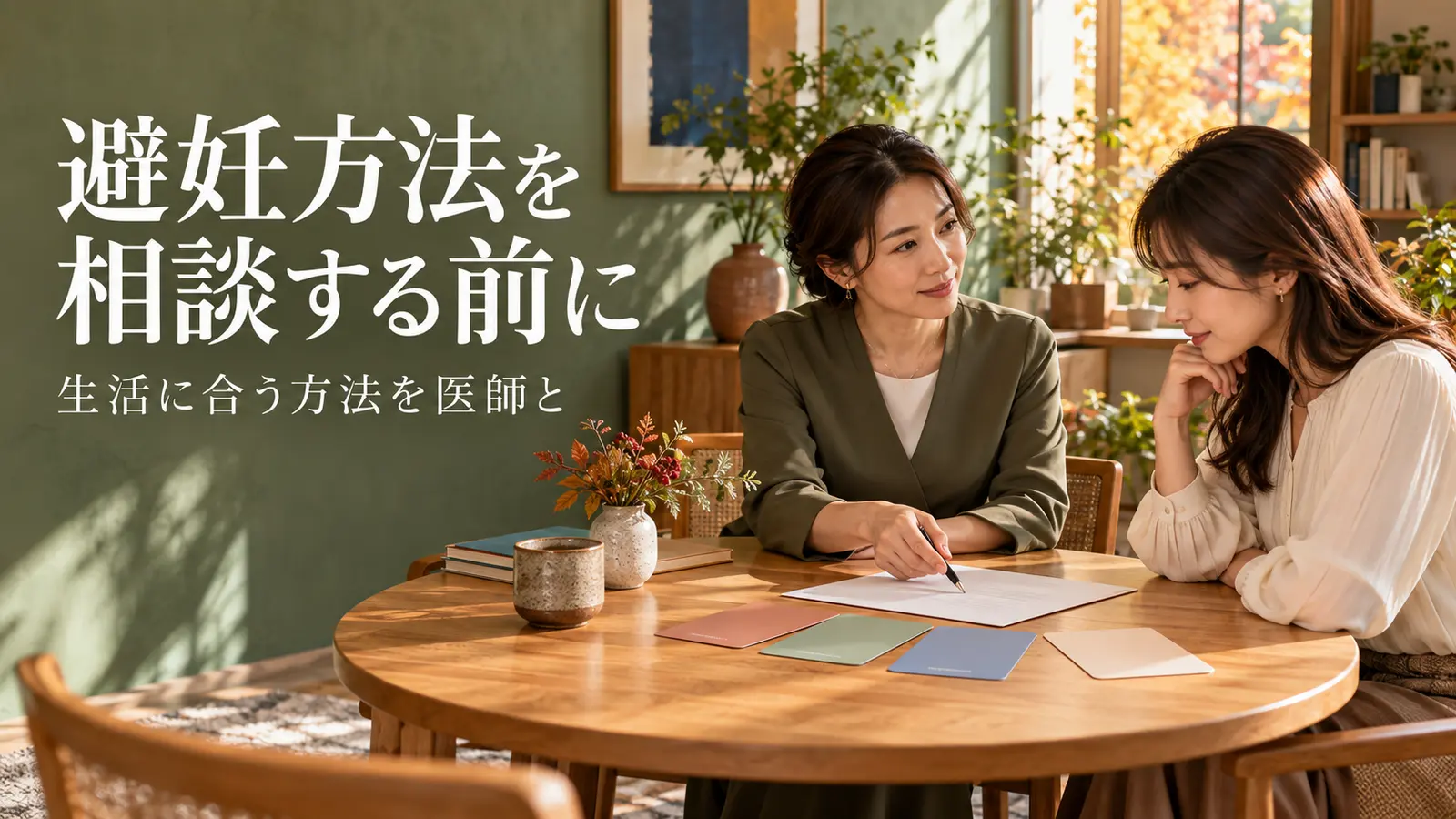 医療者と思われる女性と患者が、机上の無地の質問用紙を見ながら相談する様子