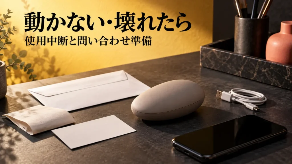 暗い机の上の無地の電子小物とケーブル、封筒、スマートフォンを並べた問い合わせ準備の場面