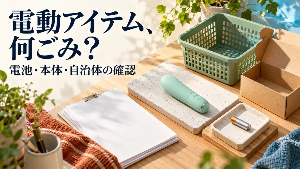 電動小物と電池を別々のトレーに置き、無地の案内用紙と箱を並べている