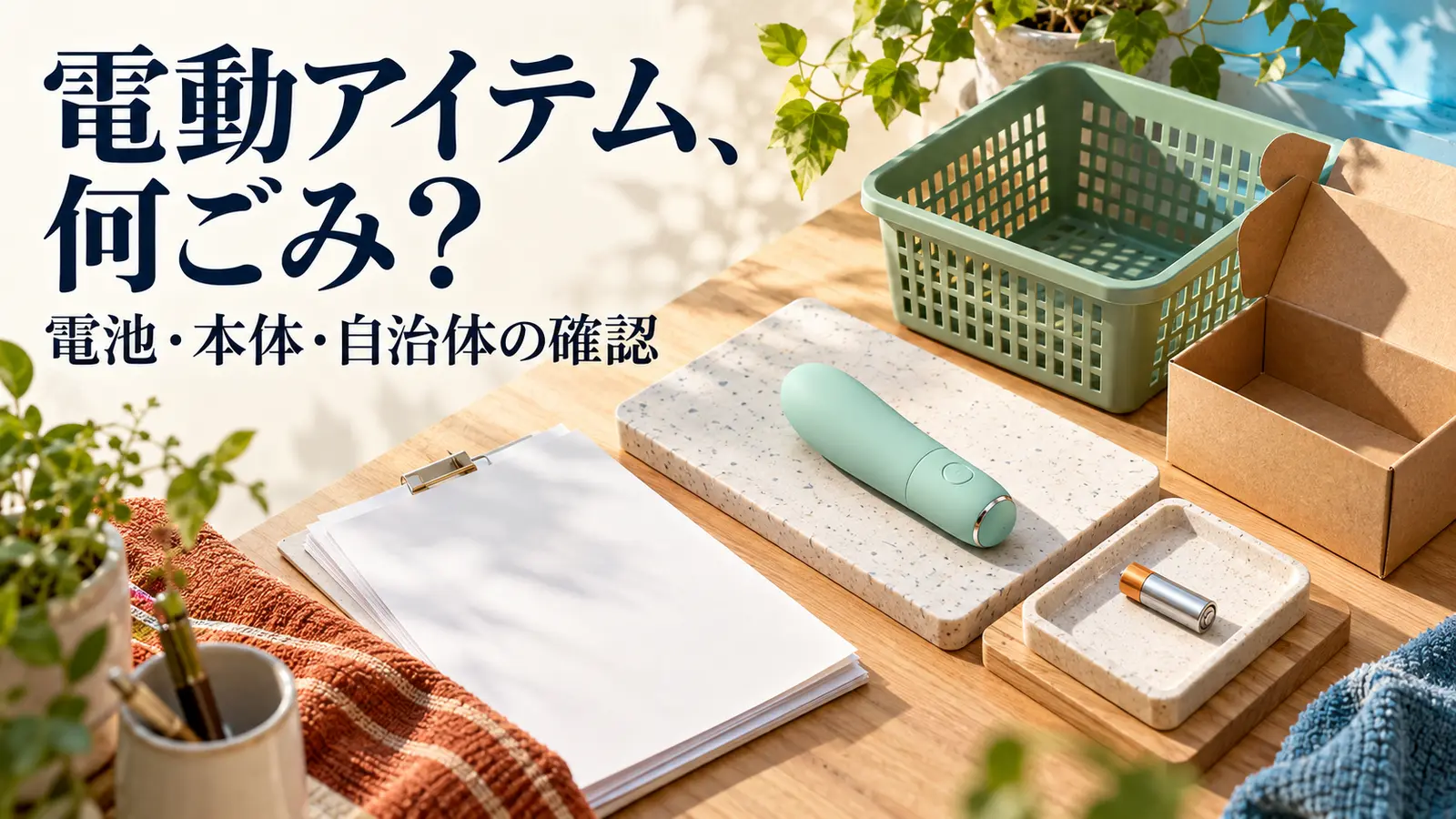 電動小物と電池を別々のトレーに置き、無地の案内用紙と箱を並べている