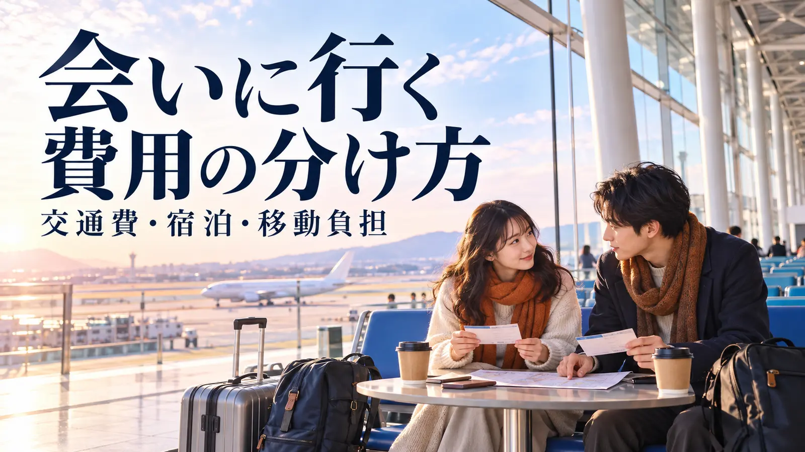 空港の明るい待合スペースでチケットと旅程表を見ながら費用を相談するカップル