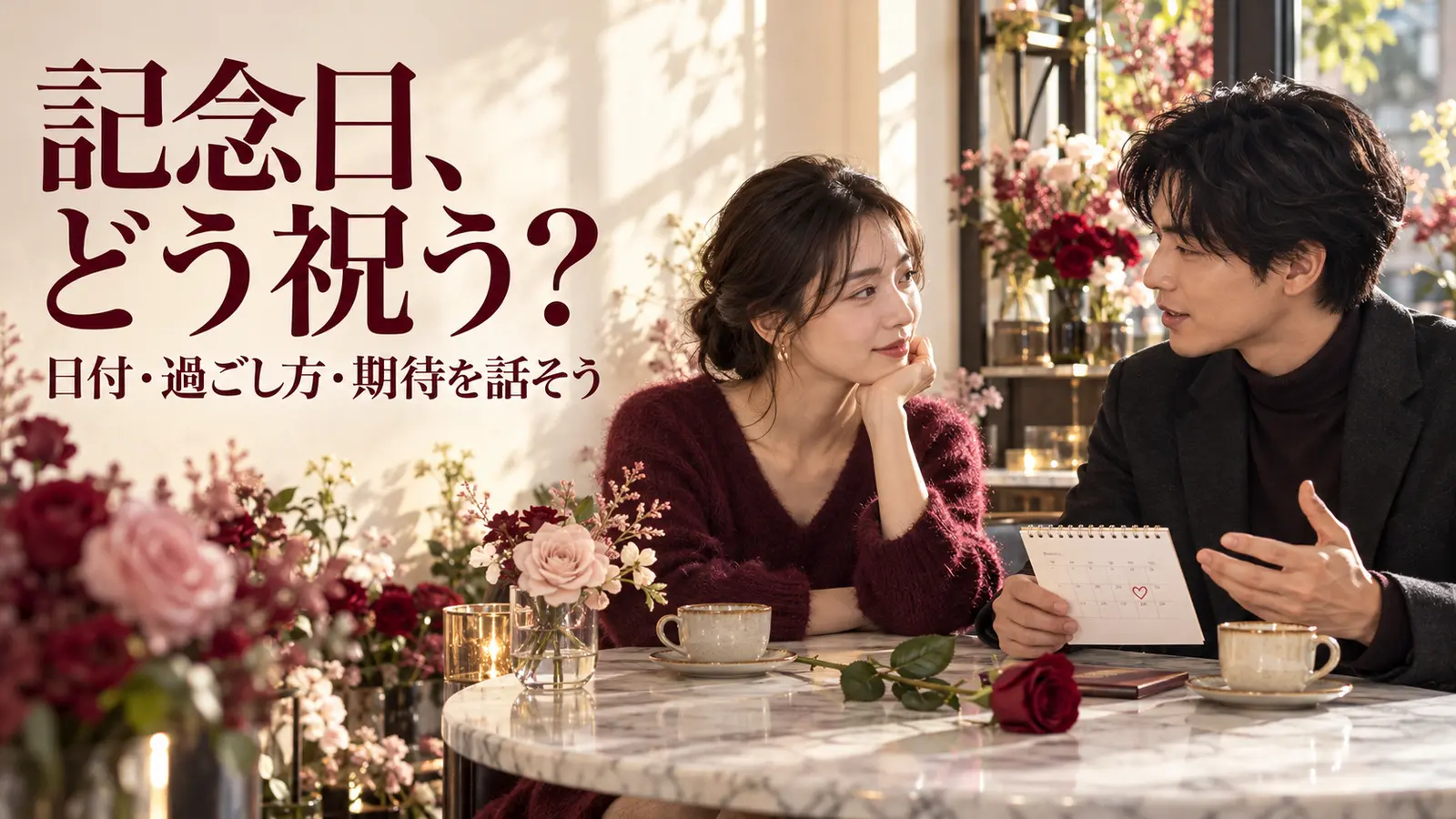 花に囲まれたカフェで小さなカレンダーを見ながら記念日の祝い方を話す男女