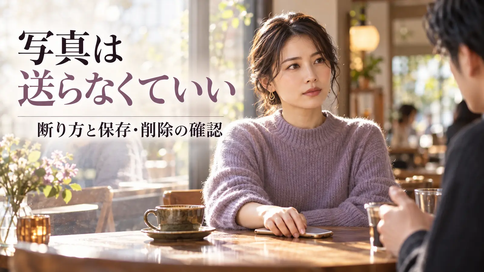 カフェのテーブルにスマートフォンを伏せて、写真を送らない選択について話す女性