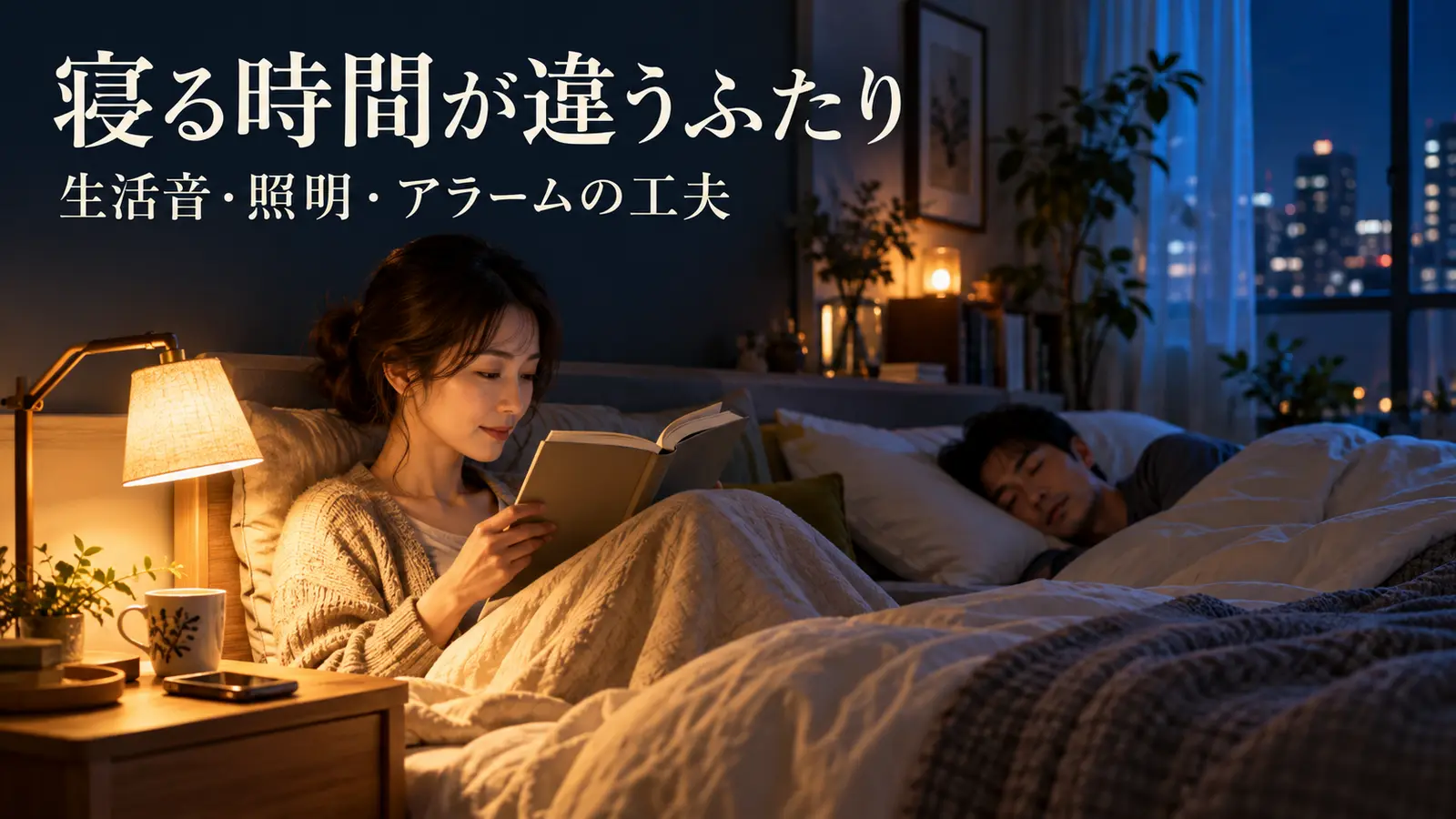 夜の寝室で小さな明かりのもと読書する女性と寝ている男性