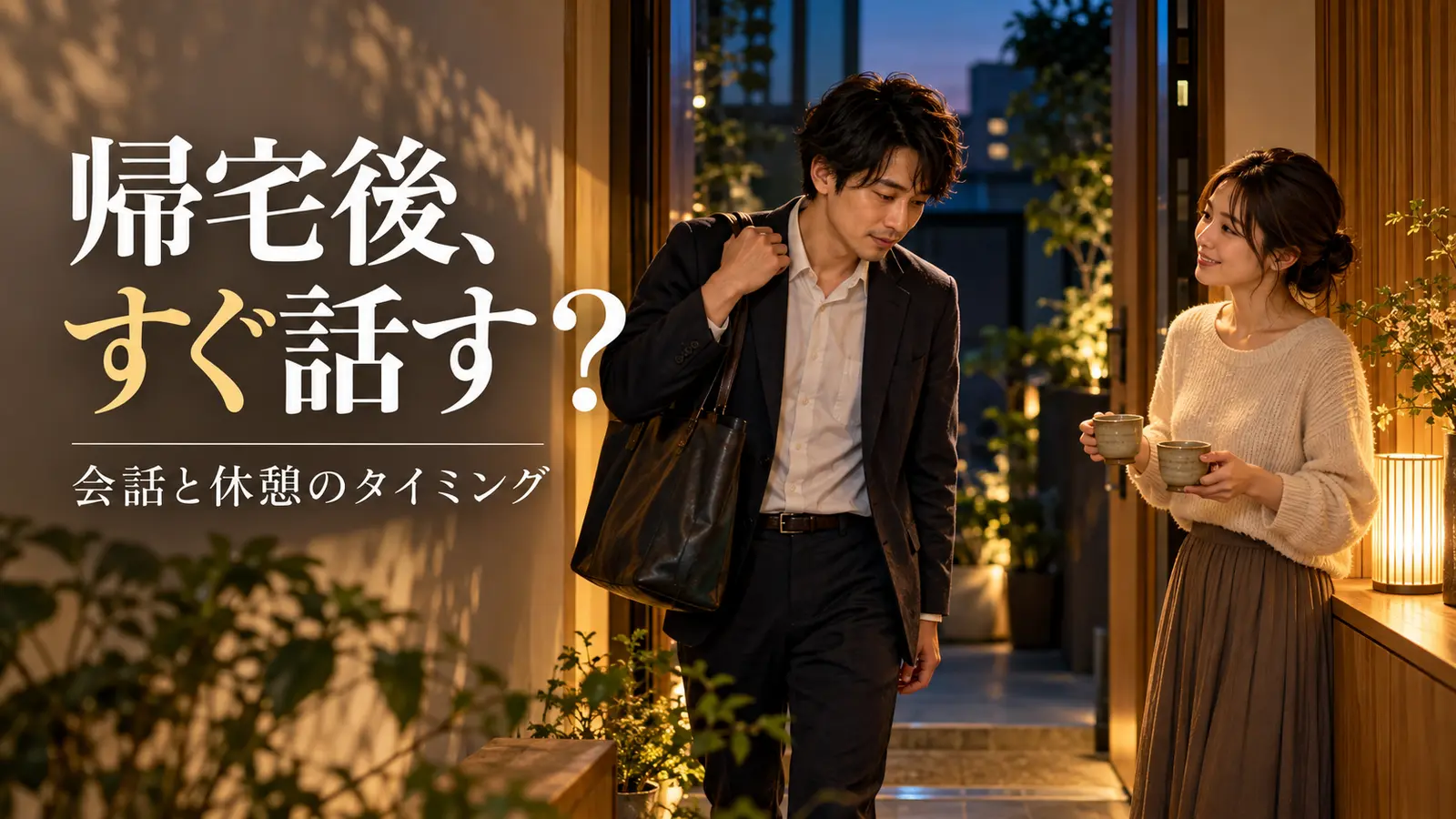 帰宅した男性と、温かい飲み物を持ち迎える女性が玄関で向き合う
