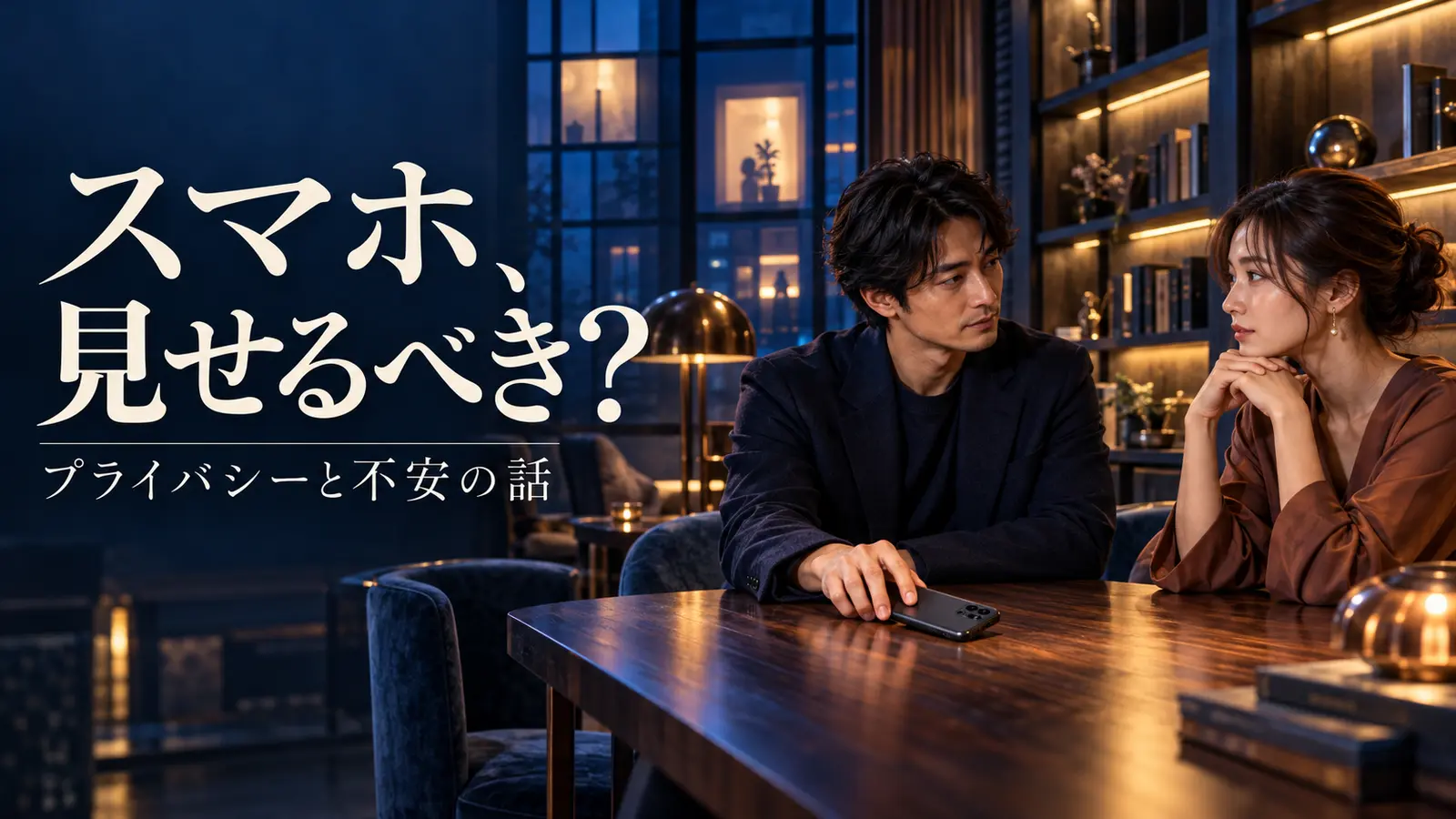 夜のラウンジでスマートフォンを前に落ち着いて話し合う男女