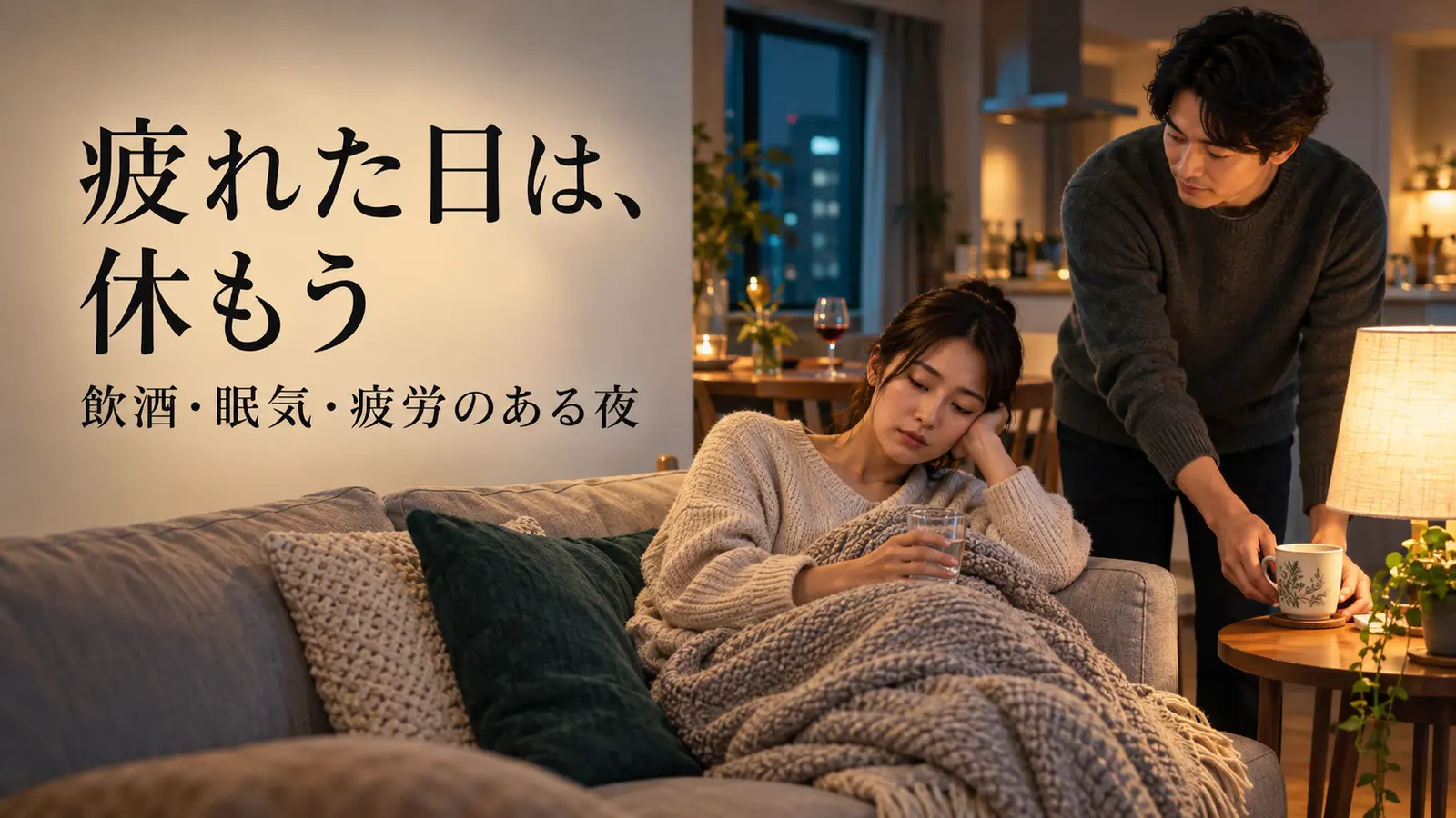 ソファで疲れている女性のそばに、温かい飲み物を置く男性