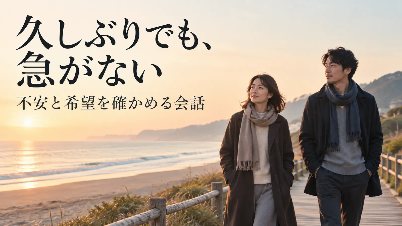 海辺の遊歩道をゆっくり歩く二人と朝焼けの空